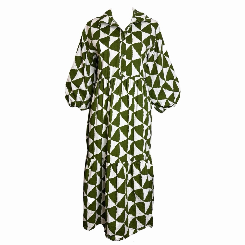 Anthropologie Maeve Bettina Tiered Shirt Dress M Green White Geometric Cotton - Picture 3 of 12